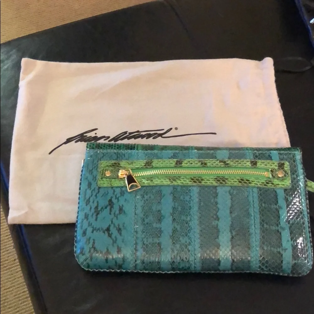 Brian Atwood Green and Teal Snakeskin Envelope Clutch